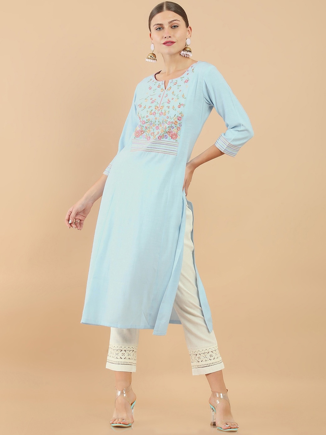 

Soch Women Blue Floral Embroidered Thread Work Floral Kurta