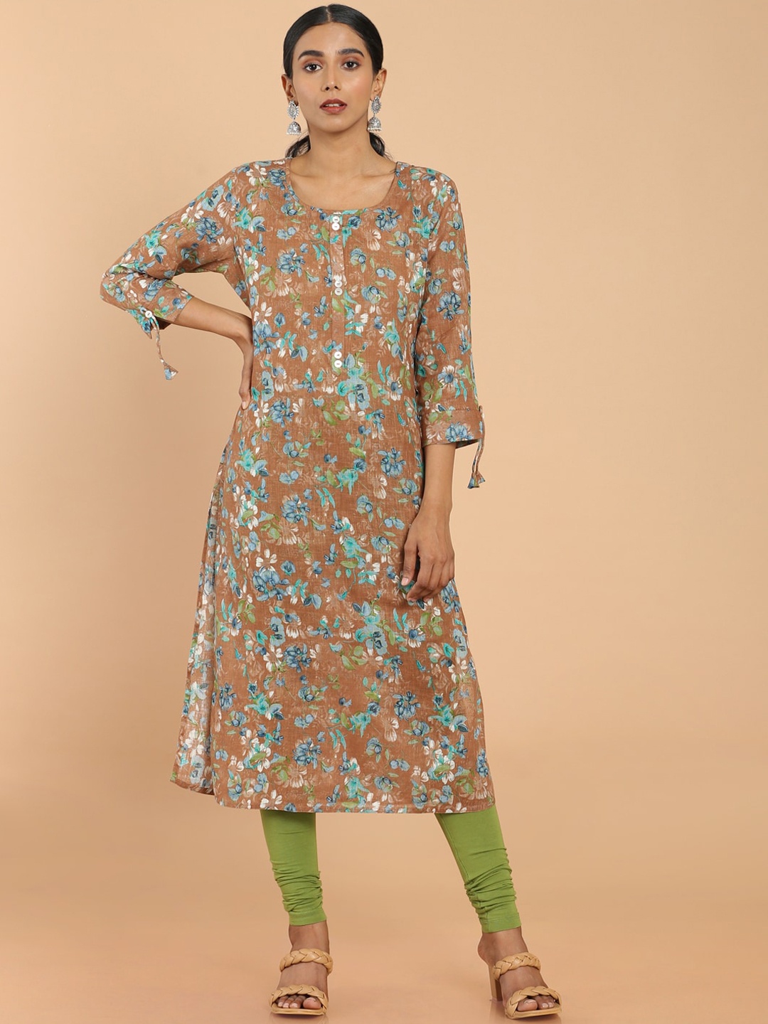 

Soch Women Brown & Blue Floral Printed Linen Kurta