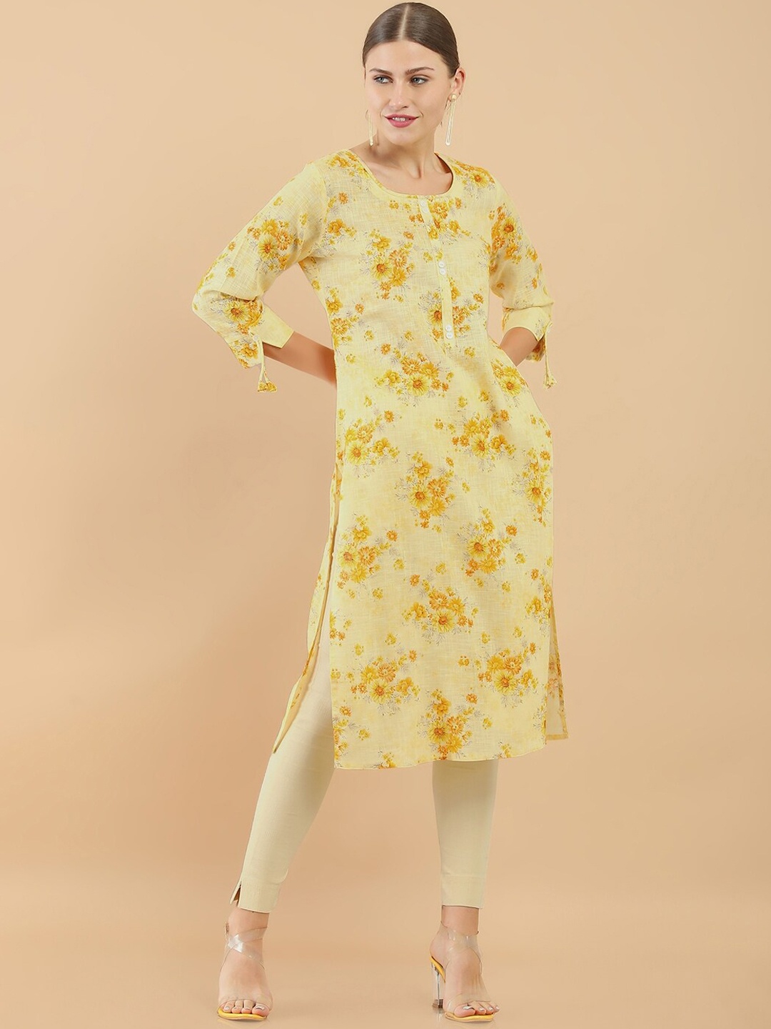 

Soch Women Yellow & Orange Floral Printed Linen Kurta