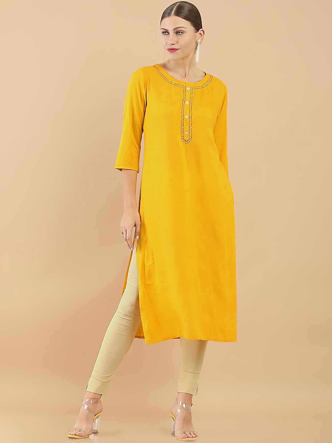 

Soch Women Yellow Flared Sleeves Thread Work Rayon Kurta
