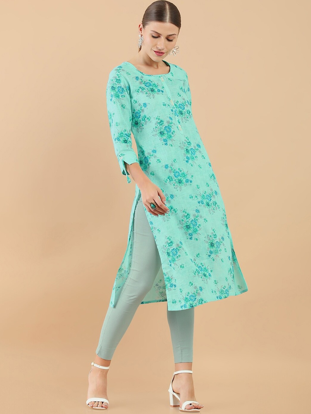 

Soch Women Turquoise Blue Floral Printed Straight Linen Kurta