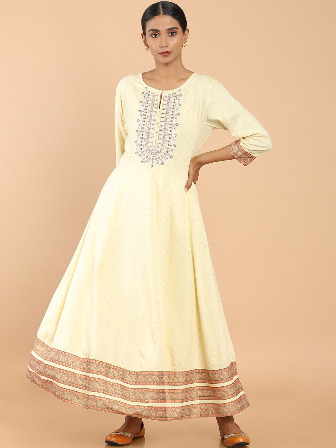 

Soch Women Yellow & White Floral Yoke Design Thread Work Anarkali Kurta