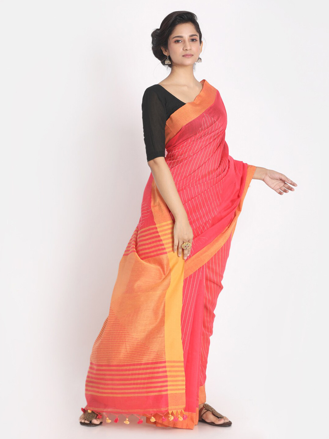 

Aryavart Coral Pink & Yellow Striped Pure Cotton Saree