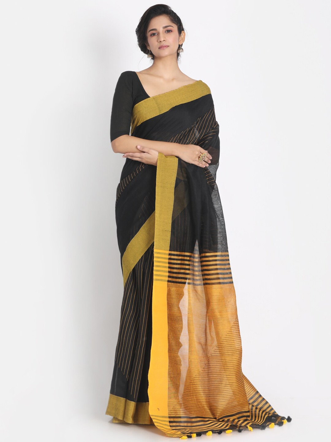 

Aryavart Black & Mustard Striped Pure Cotton Saree