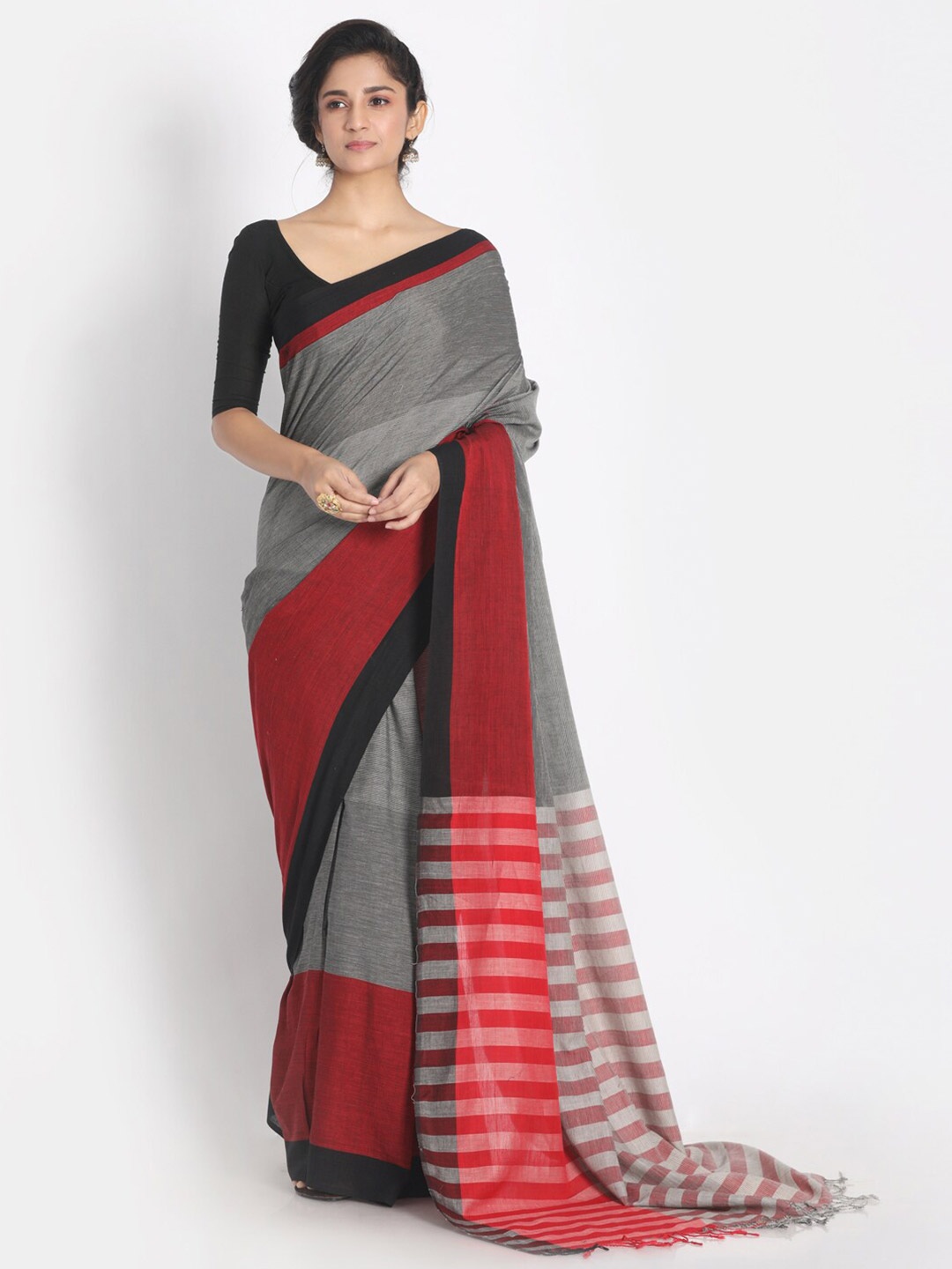 

Aryavart Grey & Red Woven Design Pure Cotton Saree