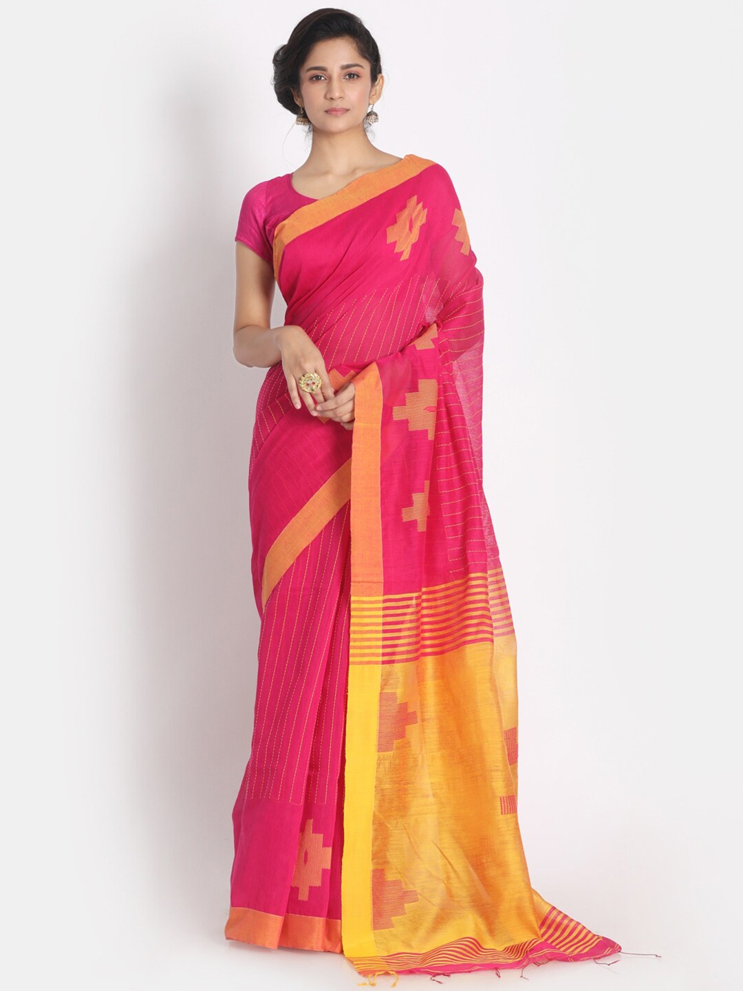

Aryavart Pink & Yellow Woven Design Pure Cotton Saree
