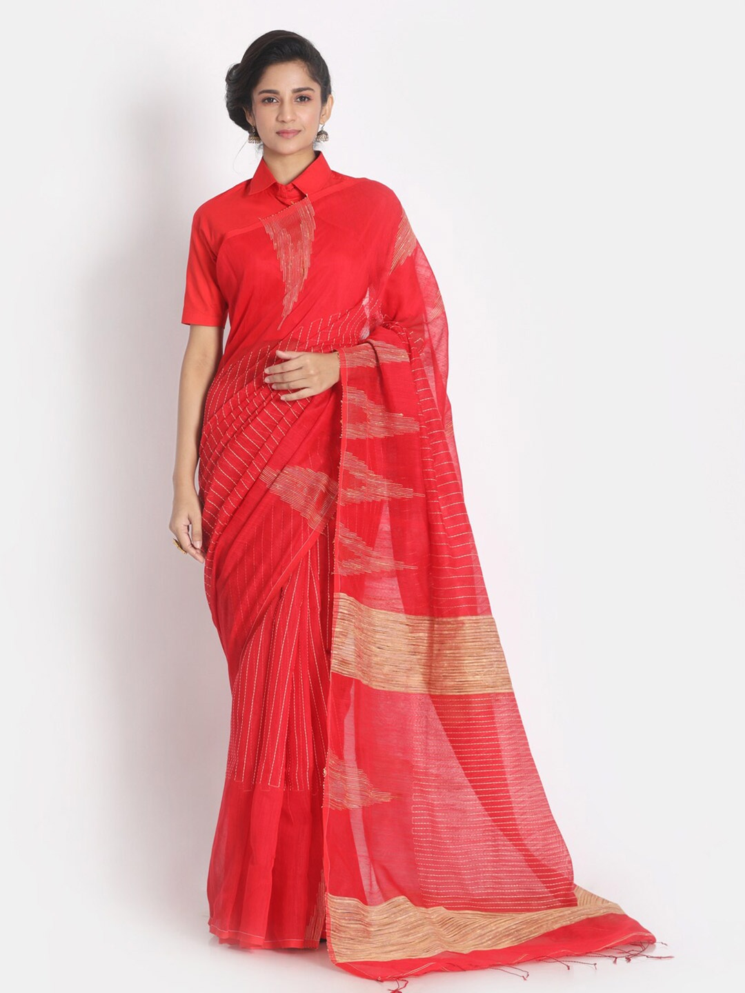 

Aryavart Red & Gold-Toned Solid Woven Design Pure Cotton Saree