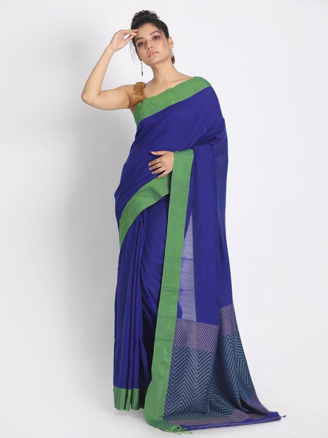 

Aryavart Blue & Green Solid Woven Design Pure Cotton Saree