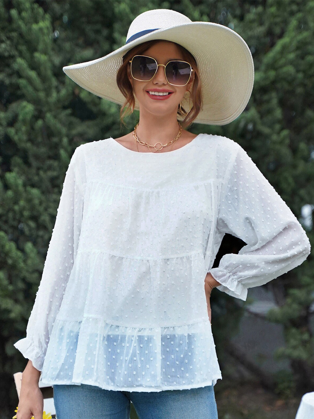 

La Aimee White Dobby Monochrome Tiered Top