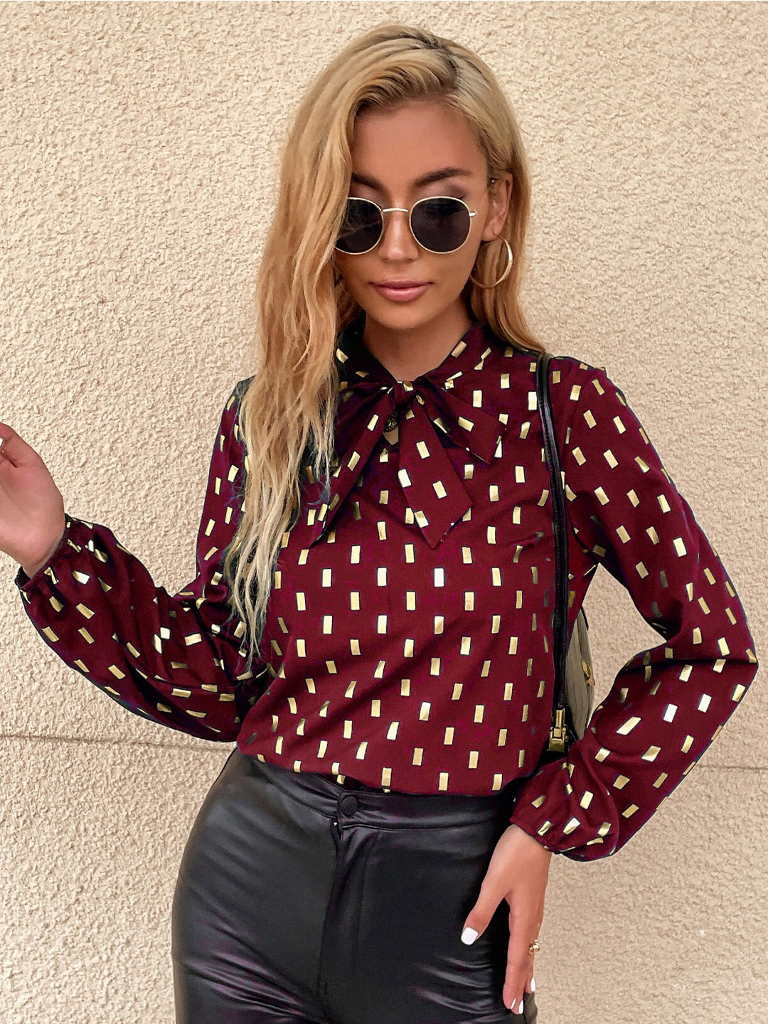 

La Aimee Red & Cream Printed Tie-Up Neck Top