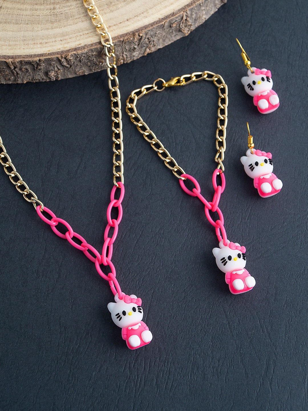 

Golden Peacock Girls Pink & Gold-Toned Hello Kitty Necklace With Bracelet & Earrings