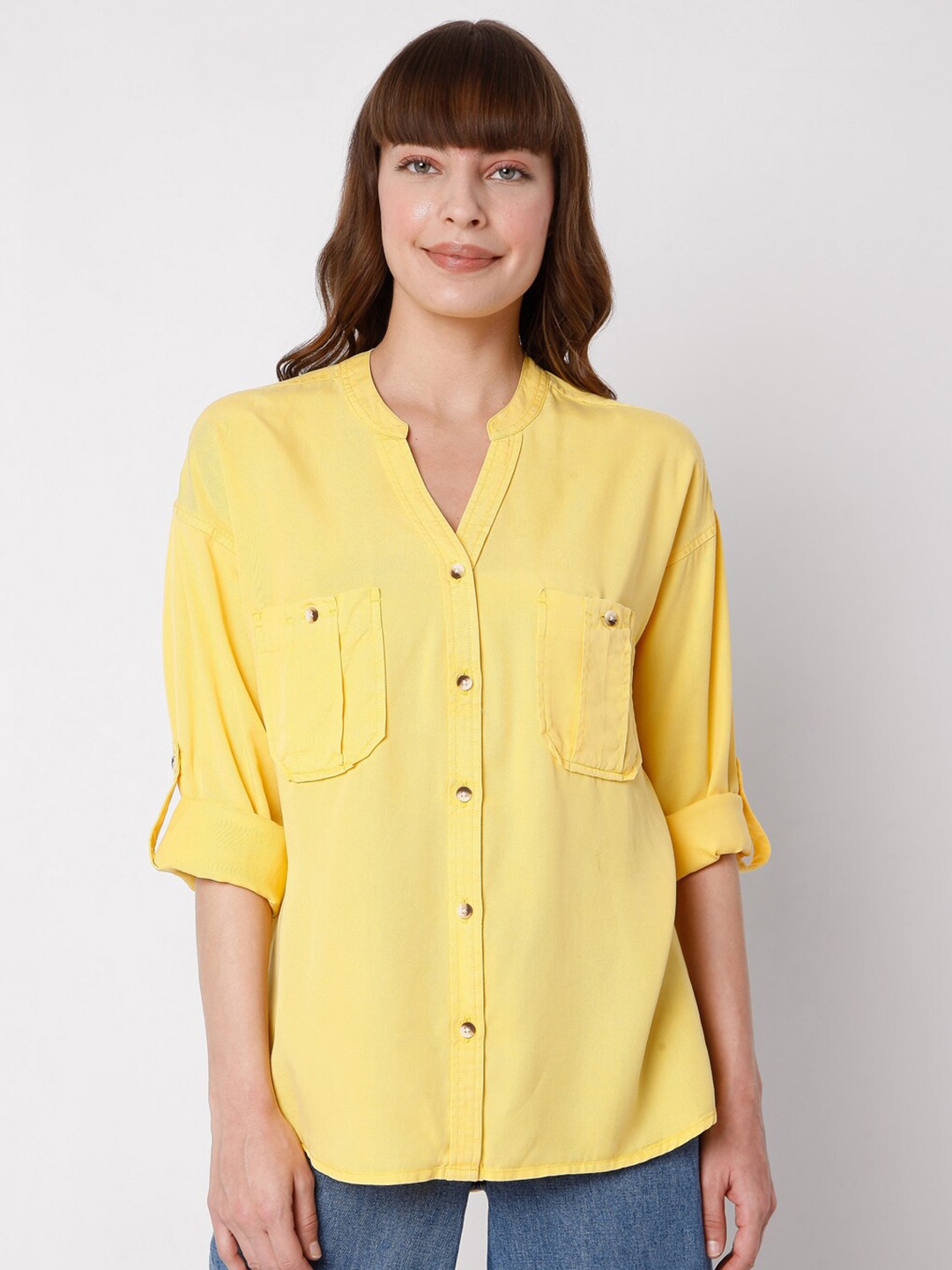 

Vero Moda Yellow Solid Roll-Up Sleeves Shirt Style Top