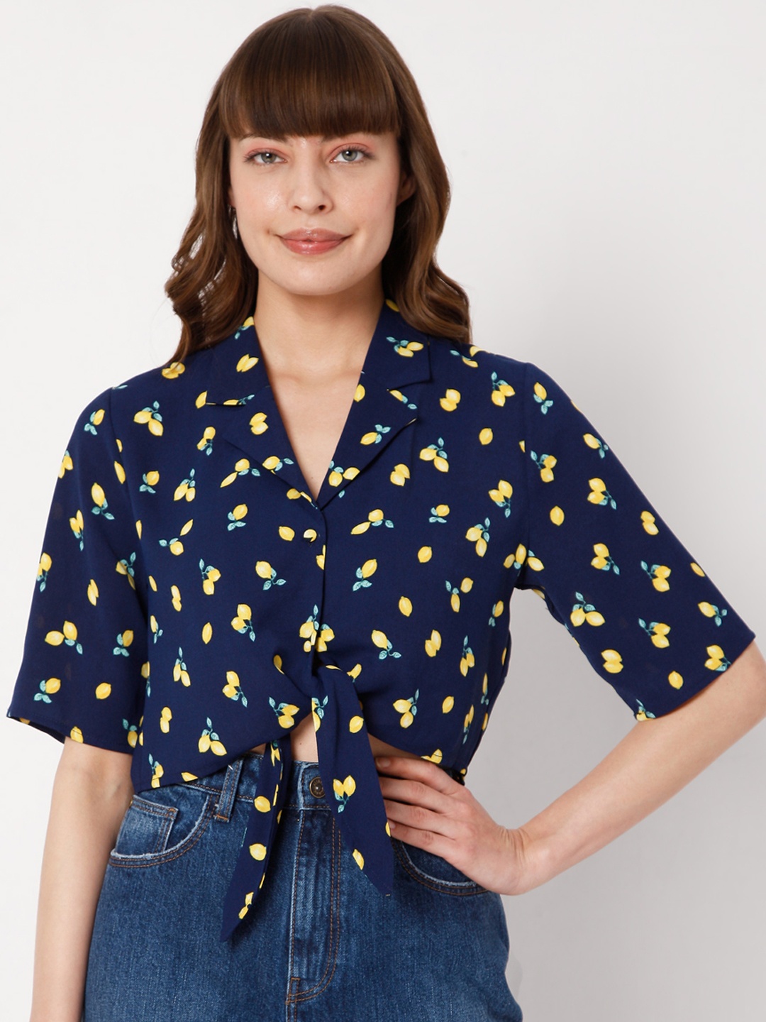 

Vero Moda Women Blue & Yellow Tropical Print Waist Tie Crop Top