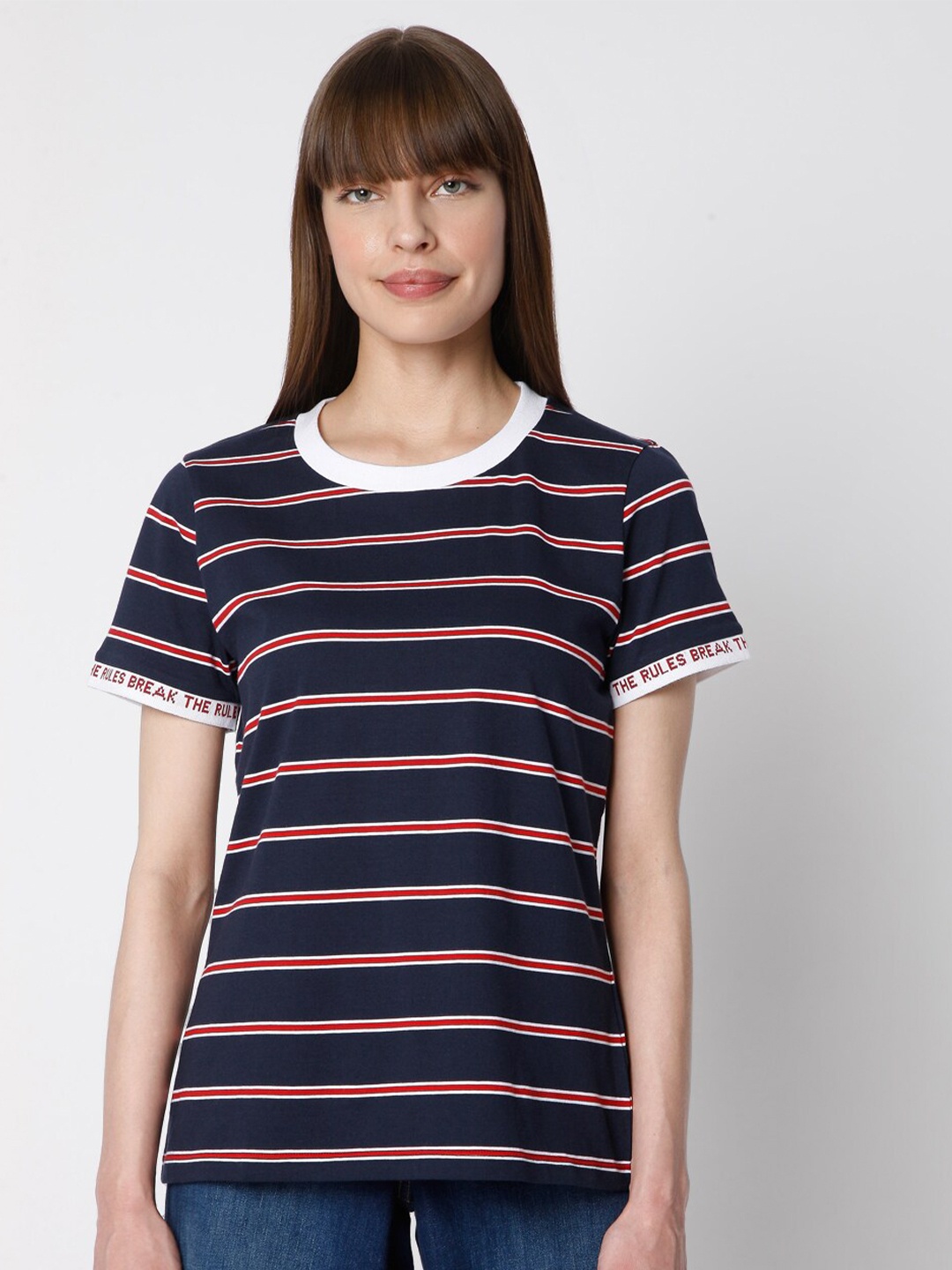 

Vero Moda Women Blue Striped T-shirt