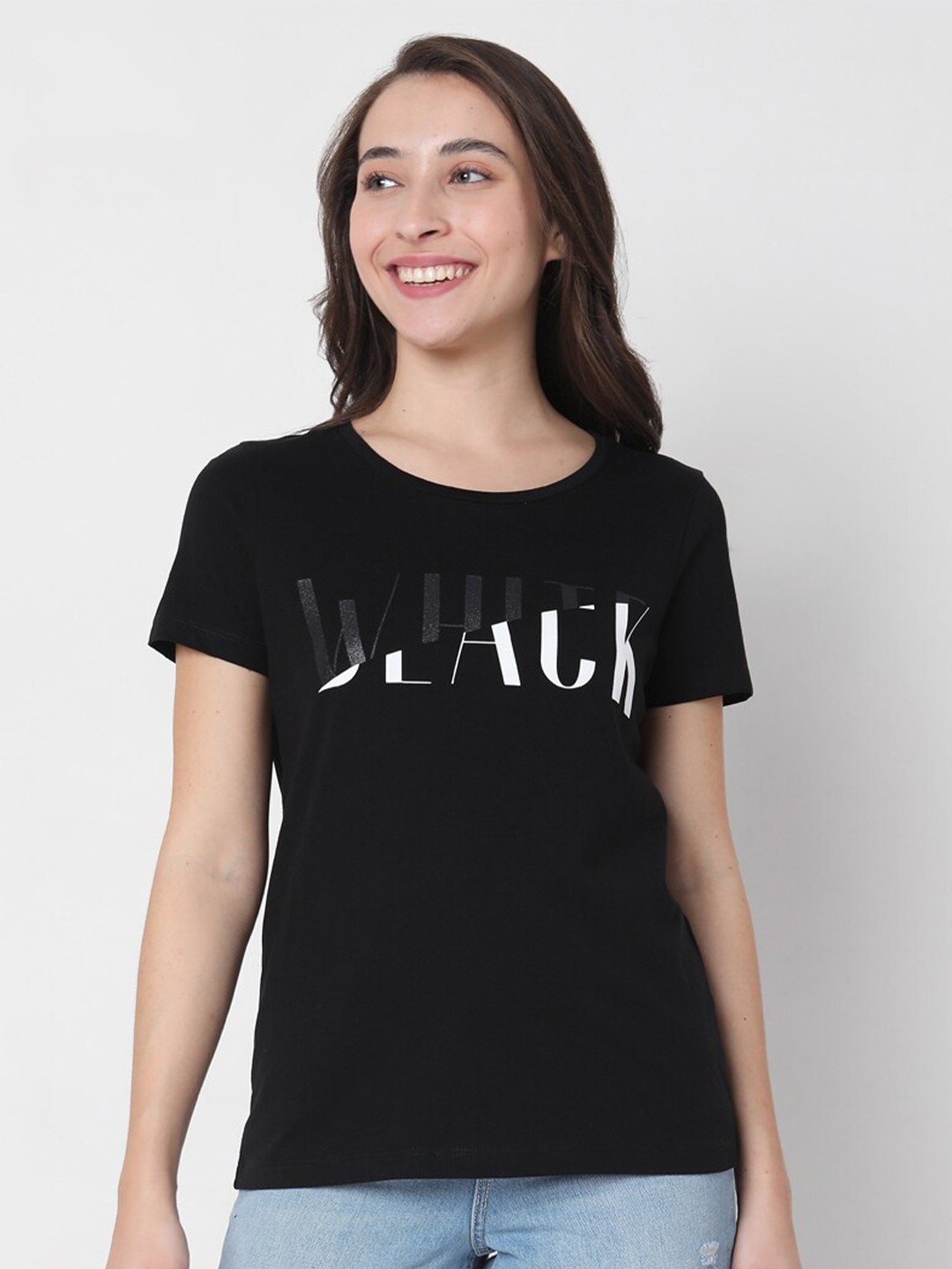 

Vero Moda Women Black Typography Printed Regular Fit Cotton T-shirt