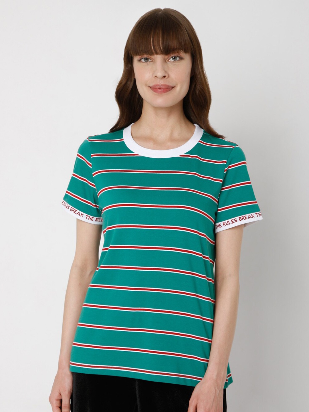 

Vero Moda Women Green & Red Striped Cotton T-shirt