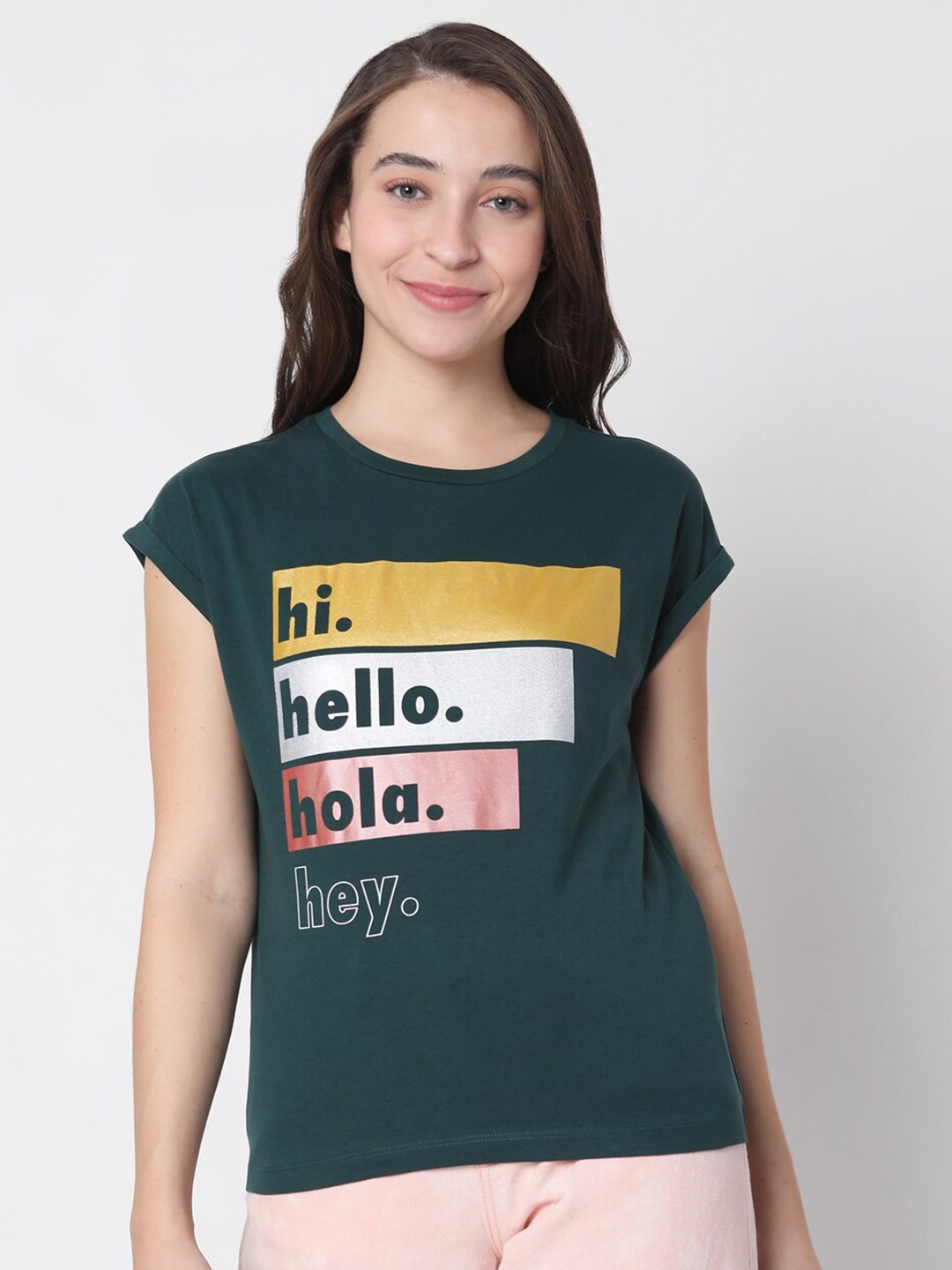 

Vero Moda Women Green Typography Printed Extended Sleeves Cotton T-shirt