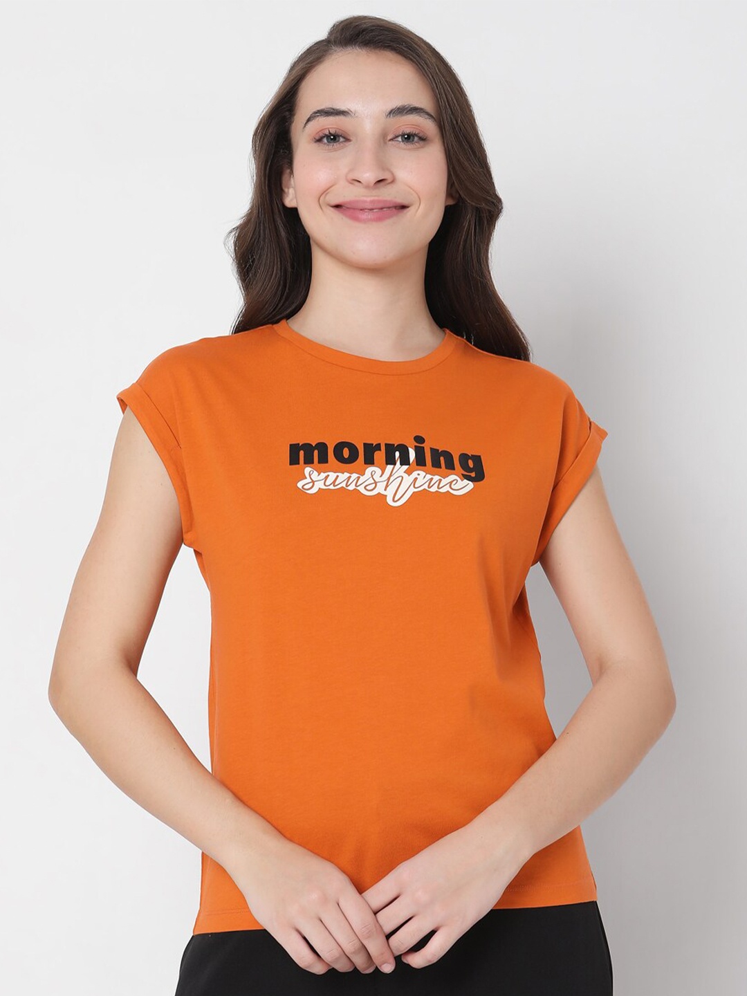 

Vero Moda Women Orange Typography Printed Extended Sleeves Cotton T-shirt
