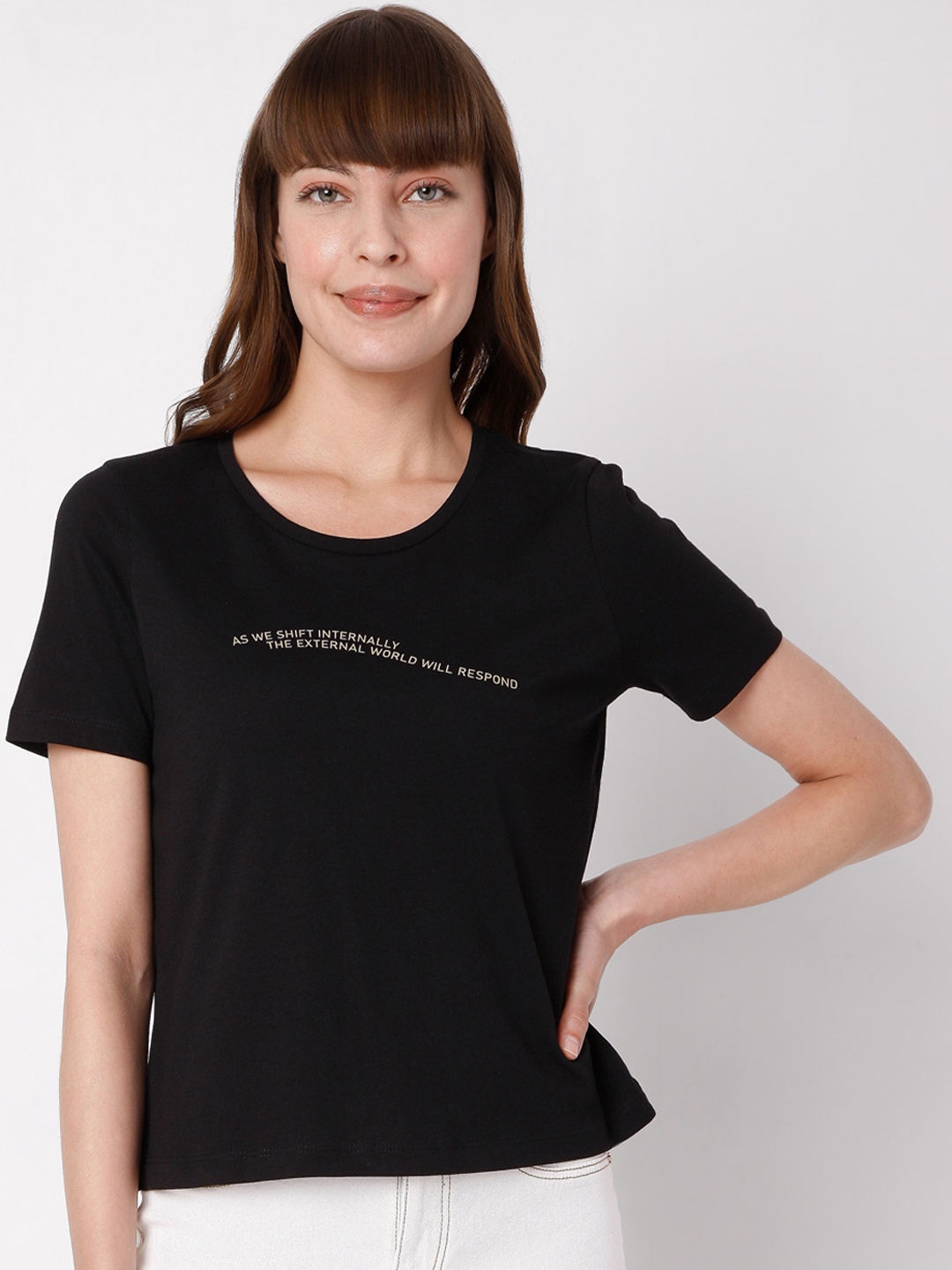 

Vero Moda Women Black Typography Printed Regular Fit Cotton T-shirt