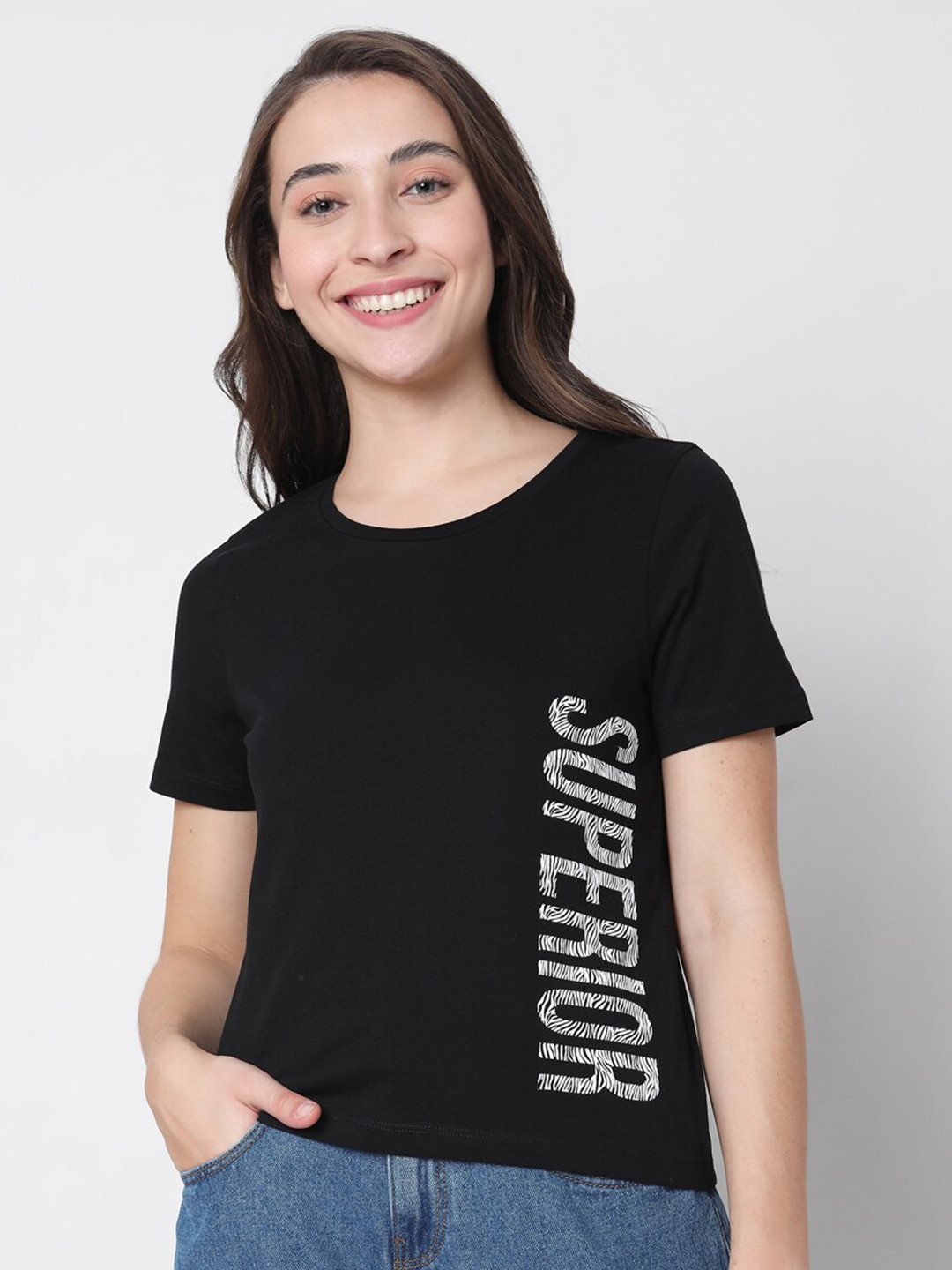 

Vero Moda Women Black Placement Printed Cotton T-shirt