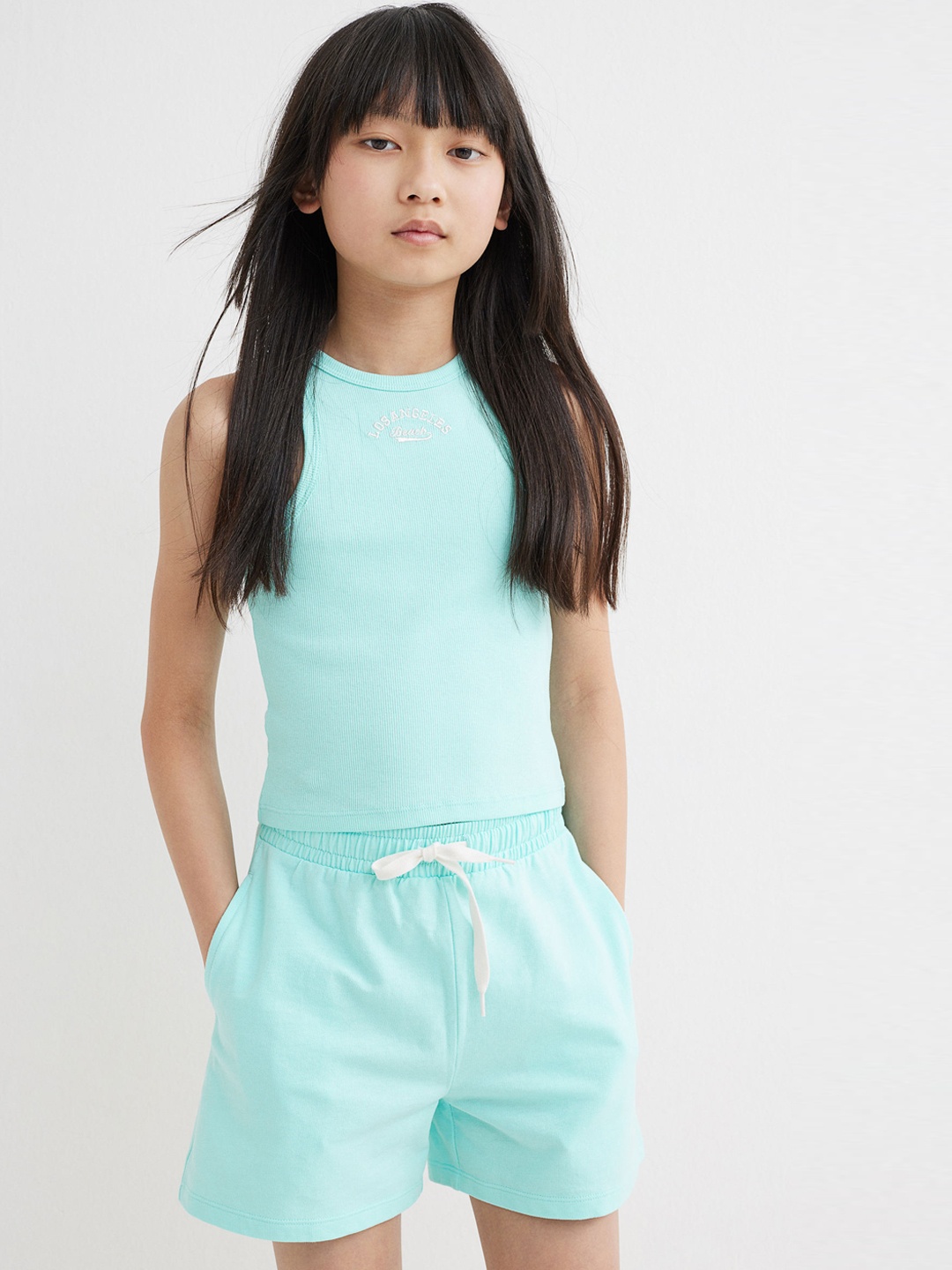 

H&M Girls Turquoise Blue Solid Round Neck 2-Piece Cotton Jersey Set