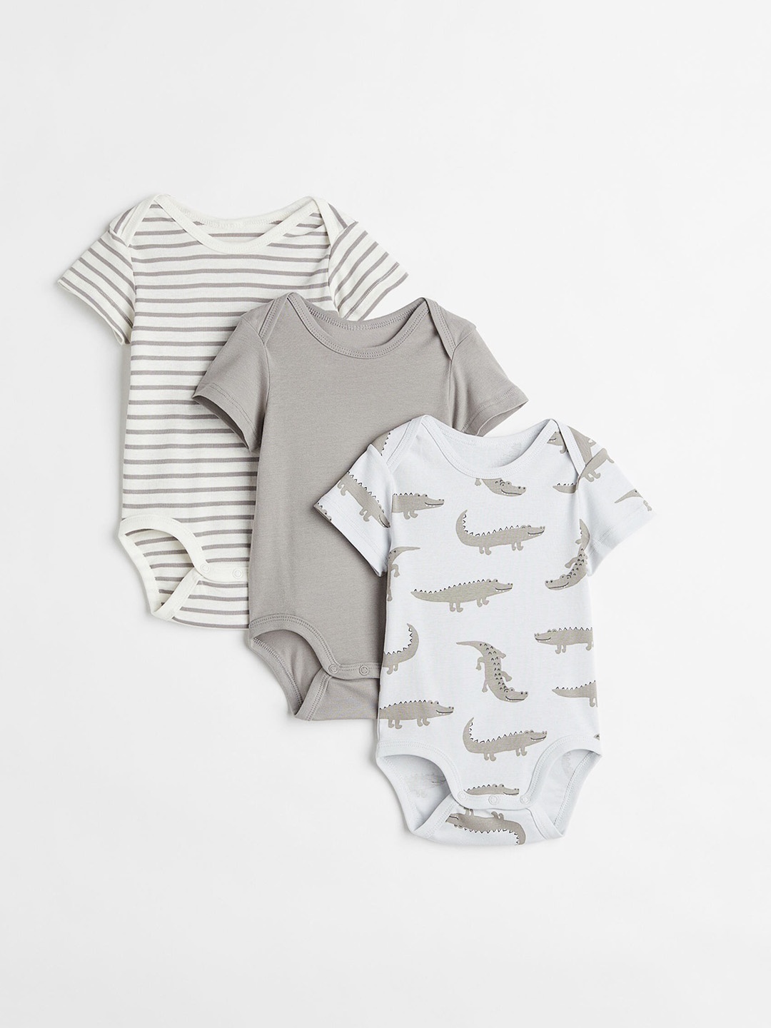 

H&M Boys Pack Of 3 Printed Short-Sleeved Bodysuits, Grey