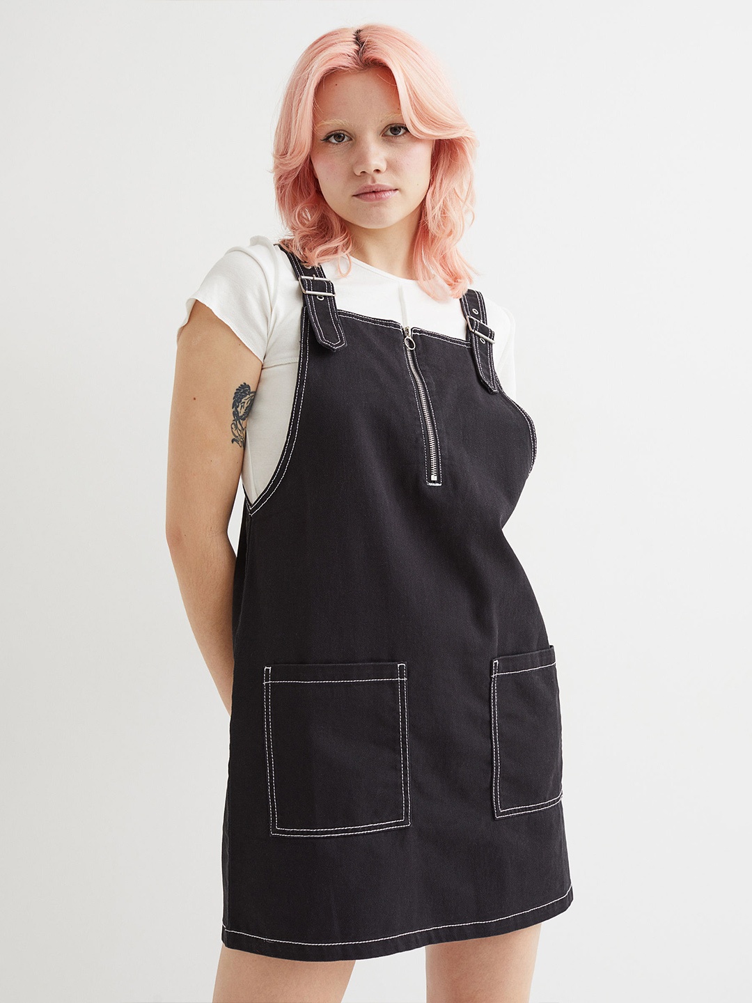 

H&M Women Black Twill Dungaree Dress