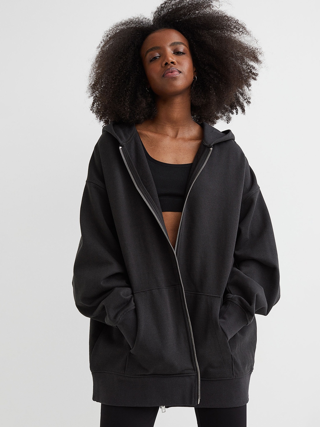 

H&M Women Charcoal Grey Solid Long Cotton Zip-Through Hoodie