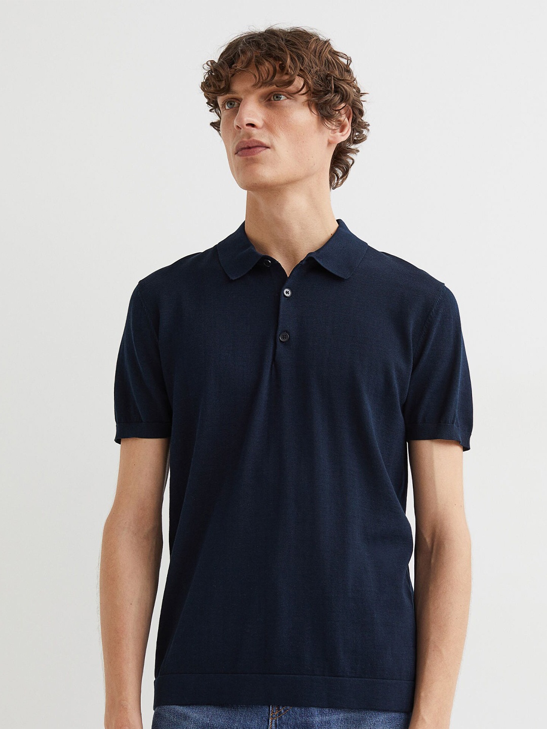 

H&M Men Navy Blue Solid Slim Fit Silk-Blend Polo Shirt