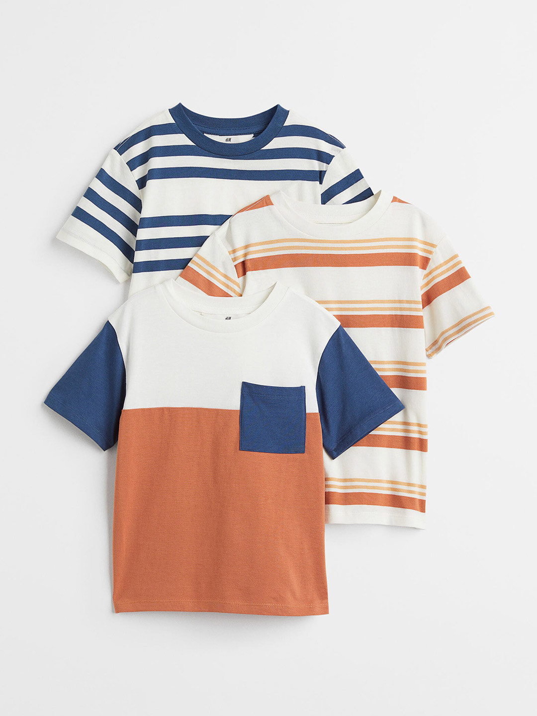

H&M Boys Pack Of 3 Multicoloured Striped Pure Cotton T-shirts, Multi