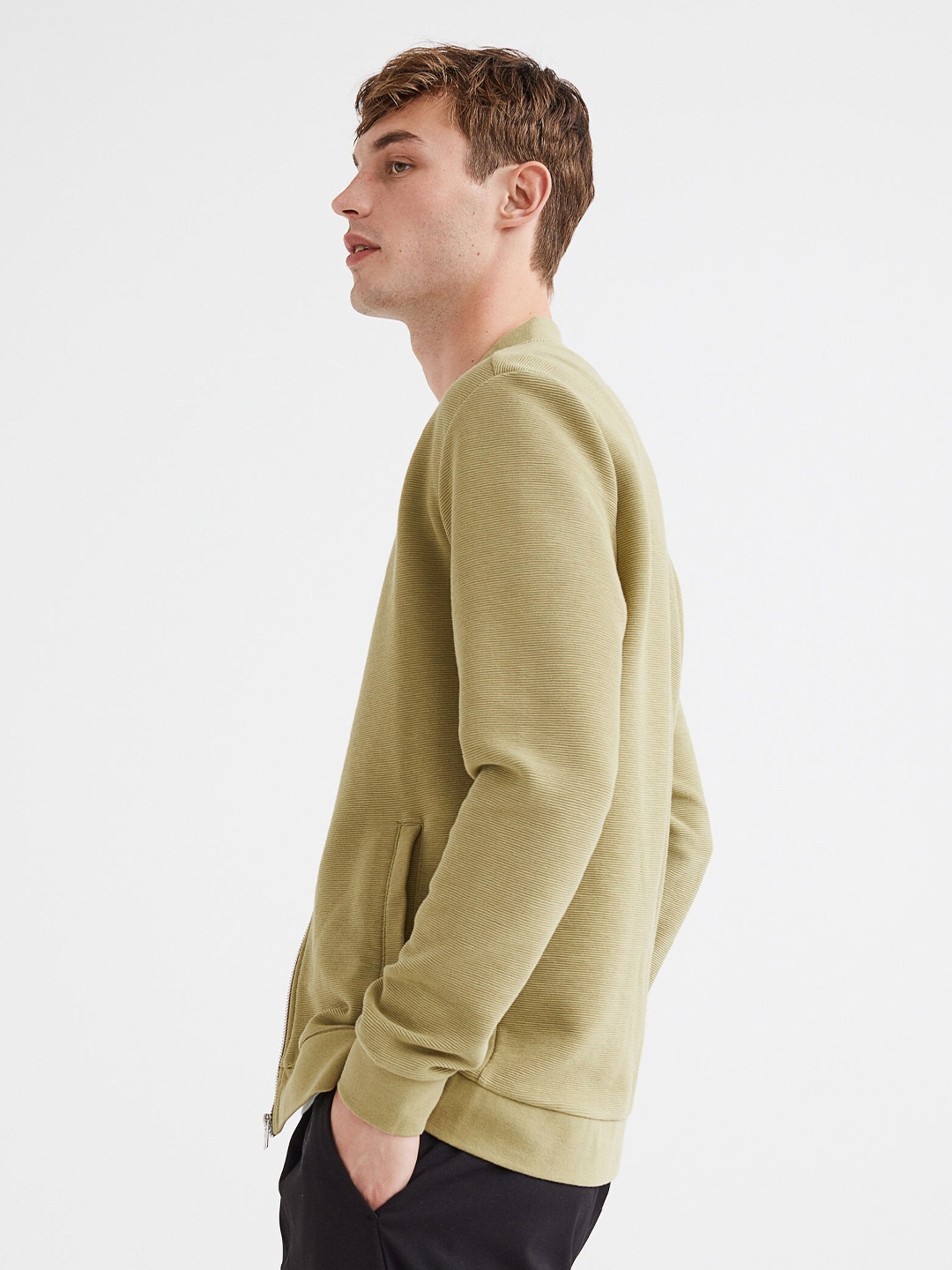 

H&M Men Green Striped Zipped Cardigan