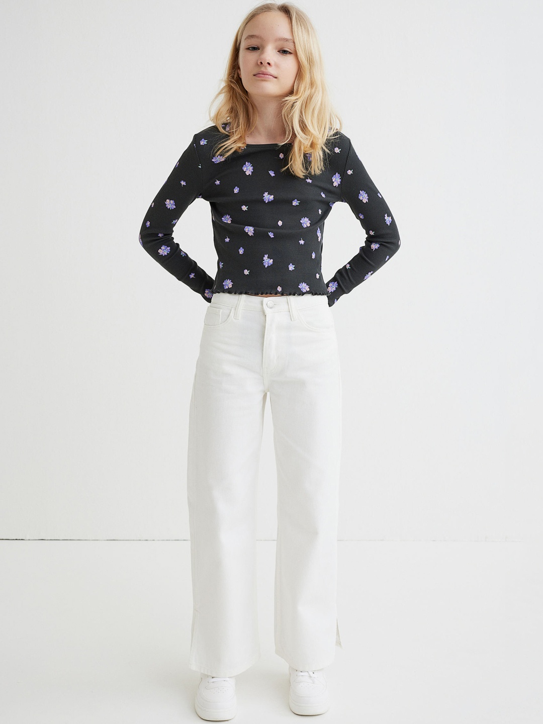 

H&M Girls White Slim Fit Wide High Twill Trousers