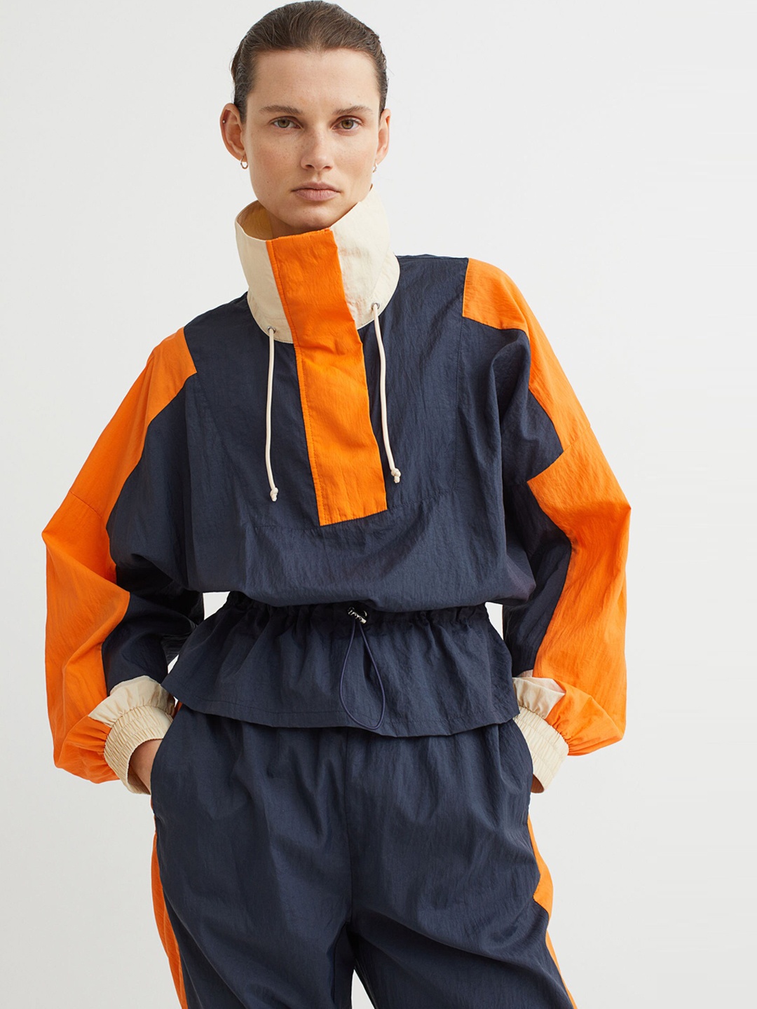 

H&M Women Navy Blue & Orange Foldable Popover Jacket