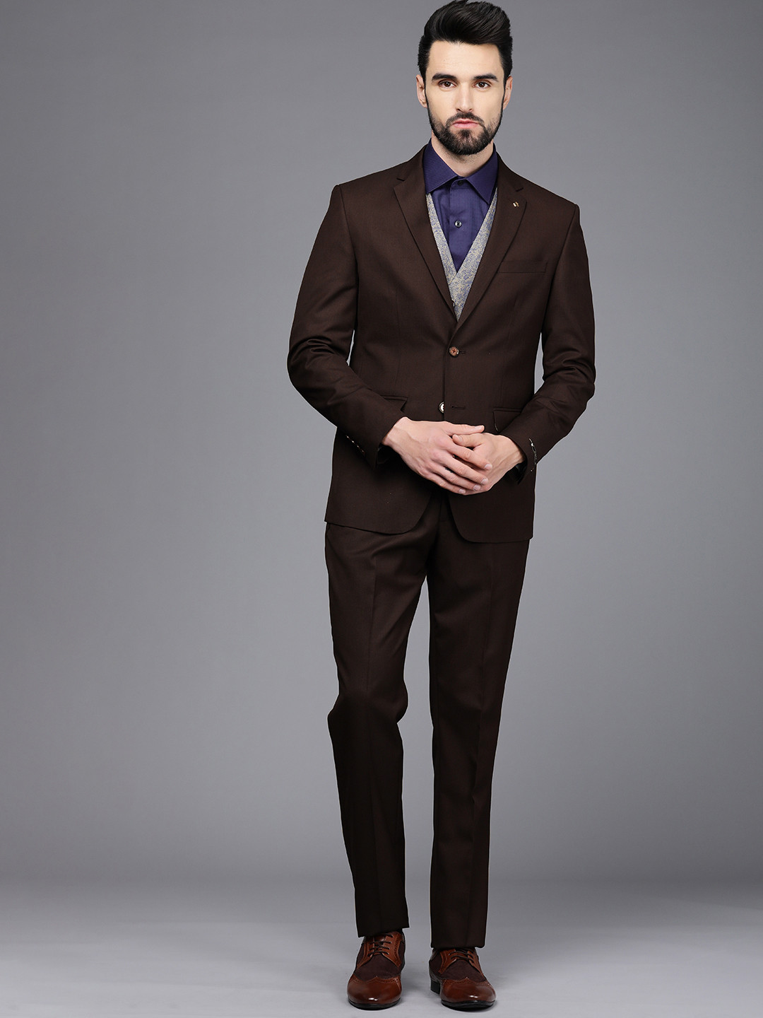 

Louis Philippe Men Maroon & Cream Solid Single-Breasted Slim-Fit 3-Piece Ethnic Suit
