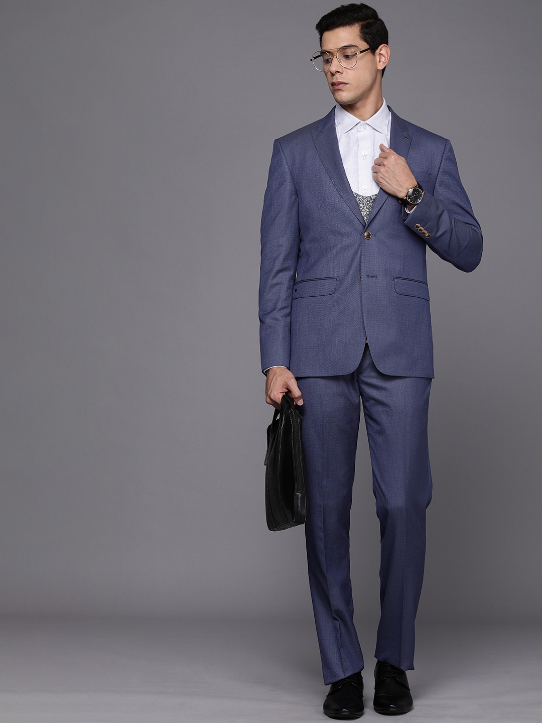 

Louis Philippe Men Blue Self Designed Slim Fit Formal 3 Piece Suit, Navy blue