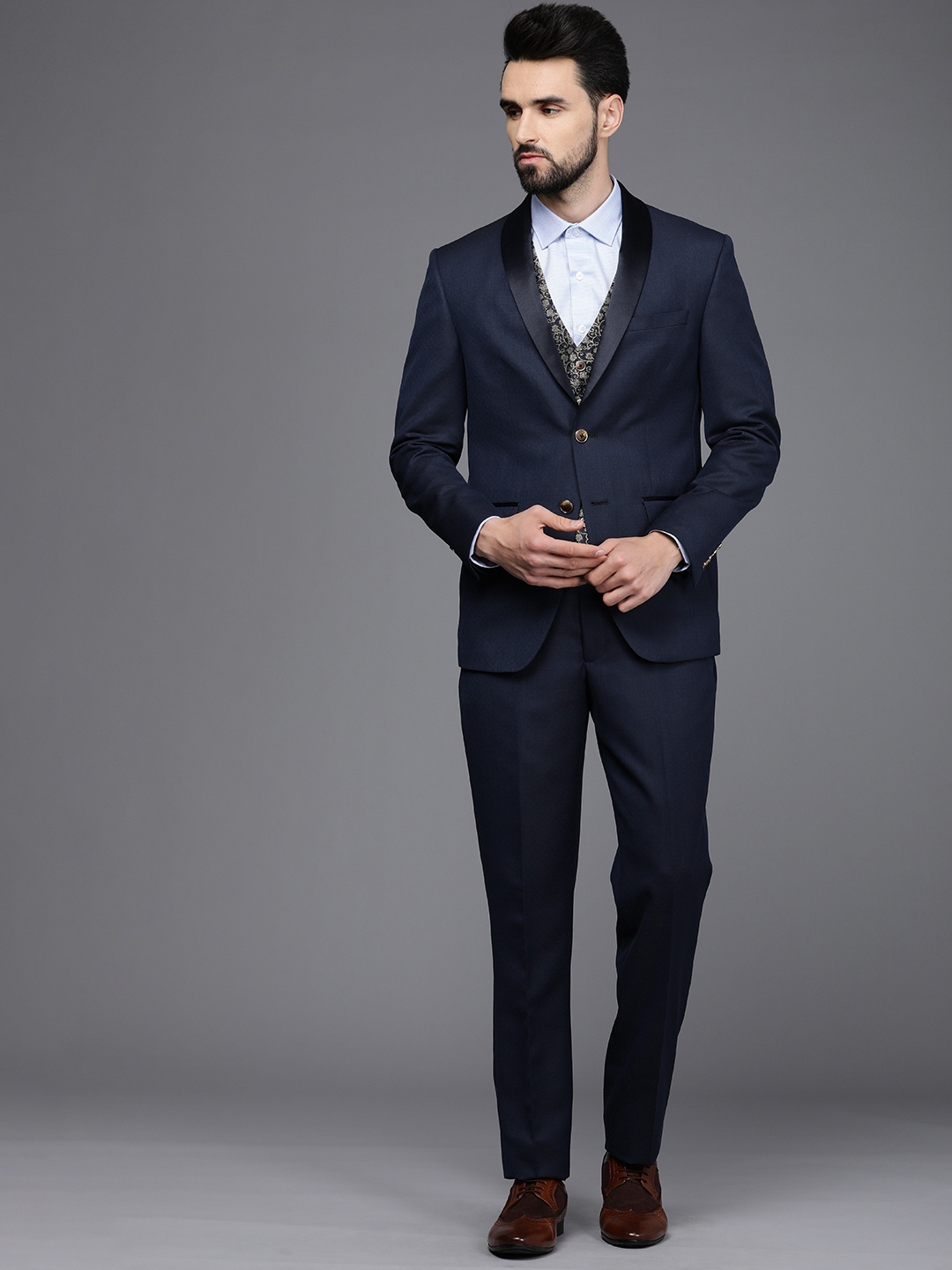 

Louis Philippe Men Navy Blue Self Design Slim-Fit 3-Piece Tuxedo Party Suit