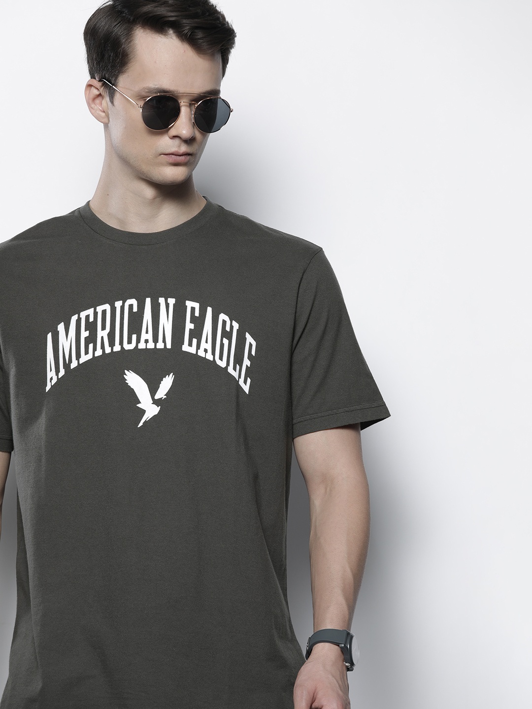 

AMERICAN EAGLE OUTFITTERS Men Charcoal Grey Brand Logo Printed Pure Cotton T-shirt