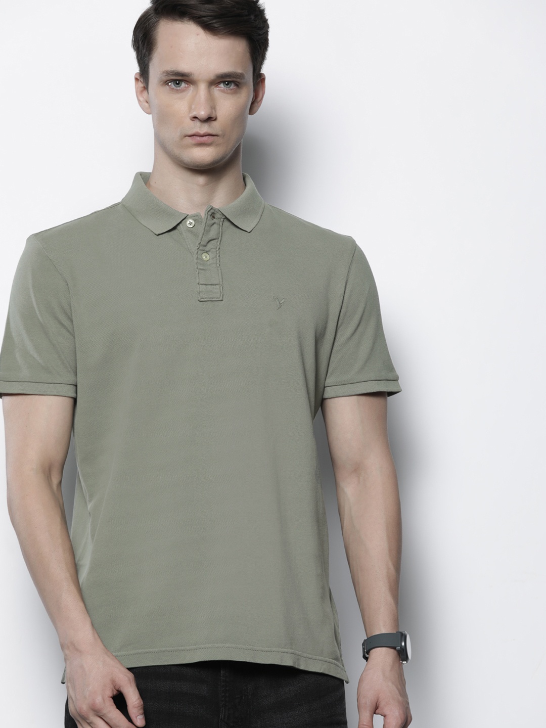

AMERICAN EAGLE OUTFITTERS Men Sage Green Polo Collar Pure Cotton T-shirt