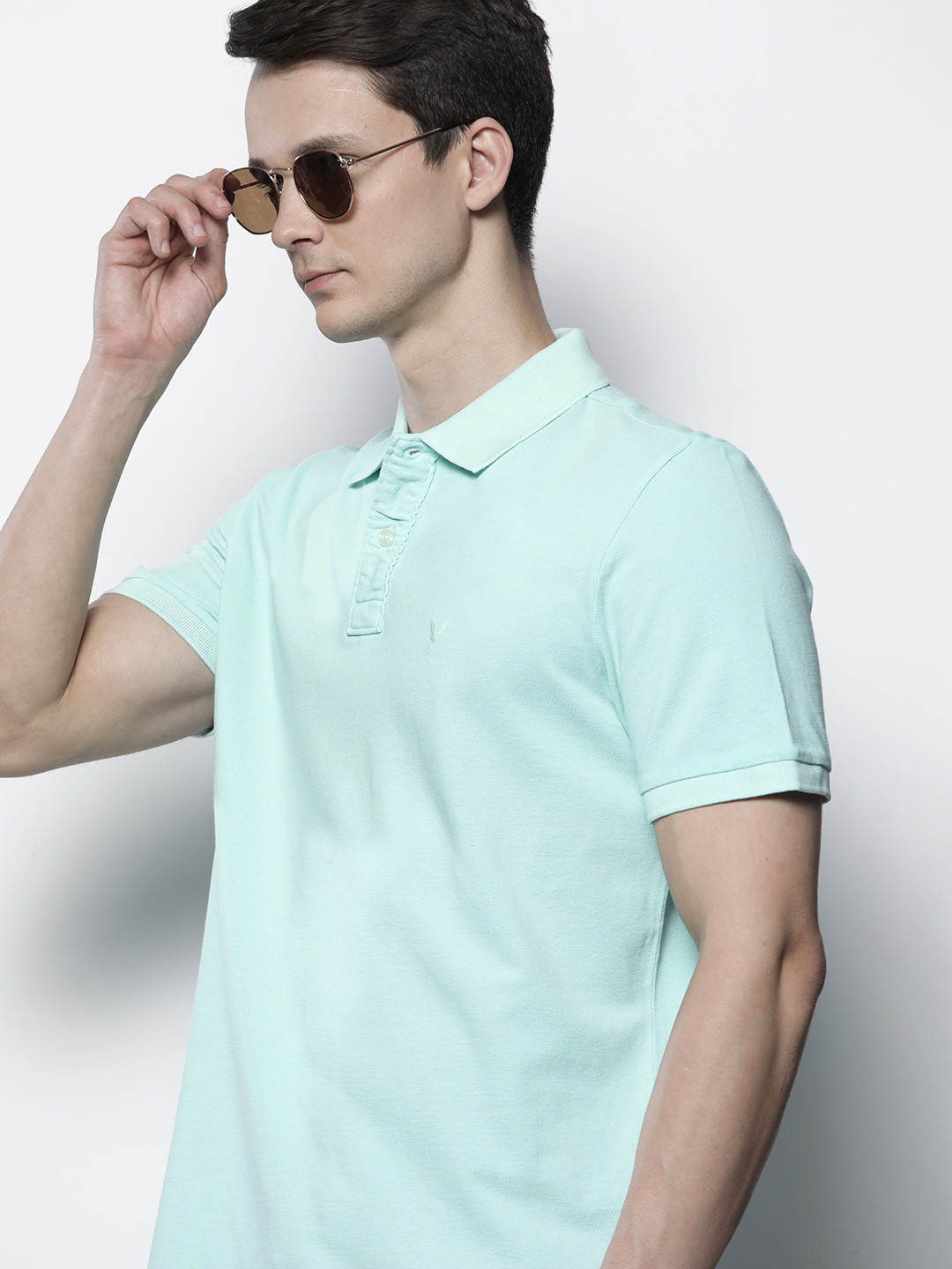 

AMERICAN EAGLE OUTFITTERS Men Sea Green Polo Collar Pure Cotton T-shirt