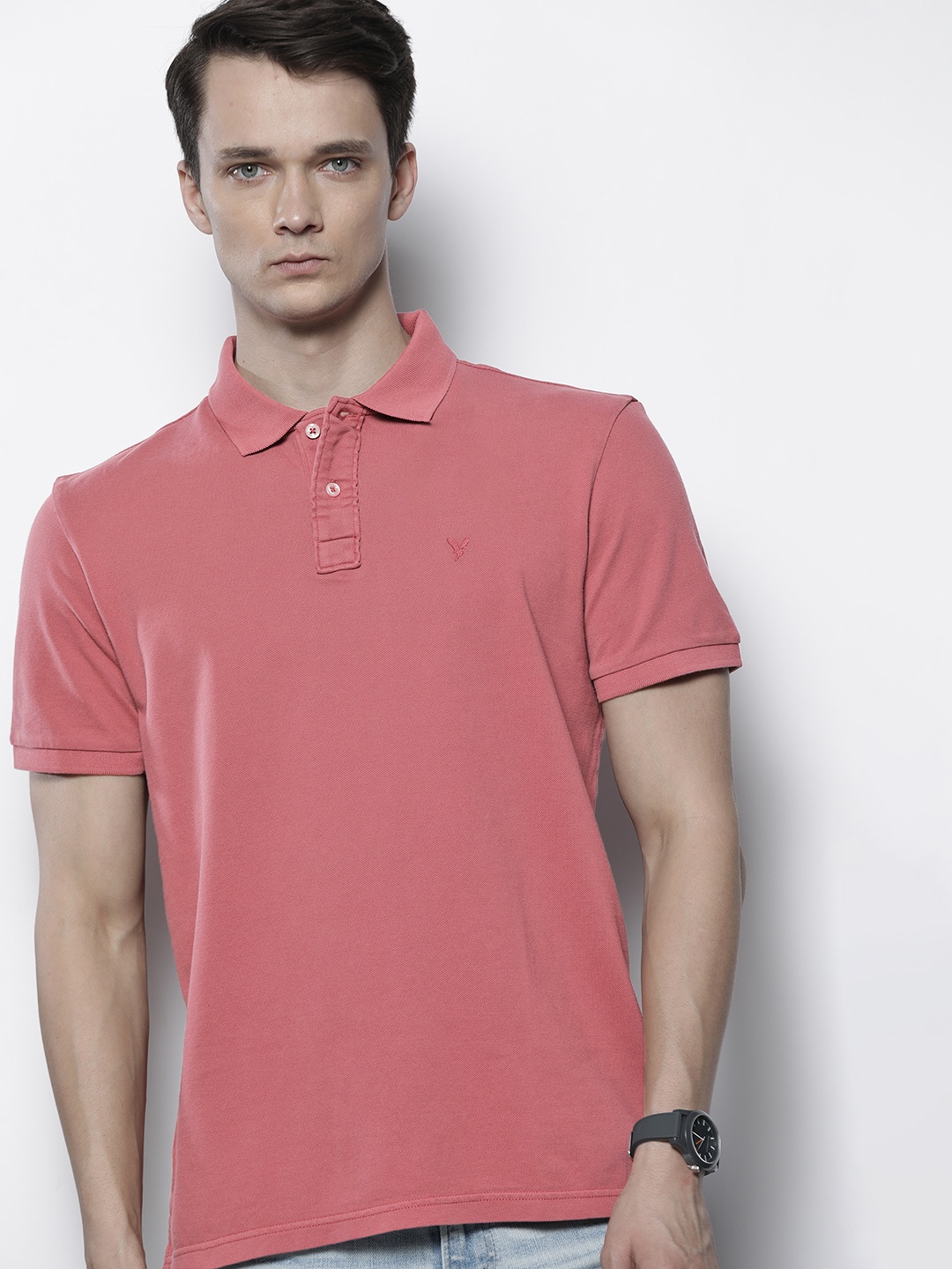 

AMERICAN EAGLE OUTFITTERS Men Coral Polo Collar Pure Cotton T-shirt