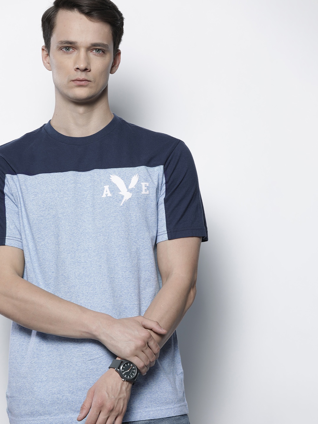 

AMERICAN EAGLE OUTFITTERS Men Blue Brand Logo Colourblocked Pure Cotton T-shirt