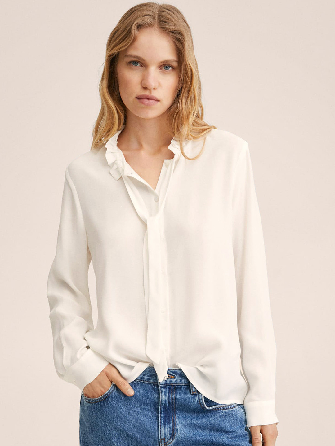 

MANGO Women White Solid Tie-Up Neck Casual Shirt Style Top