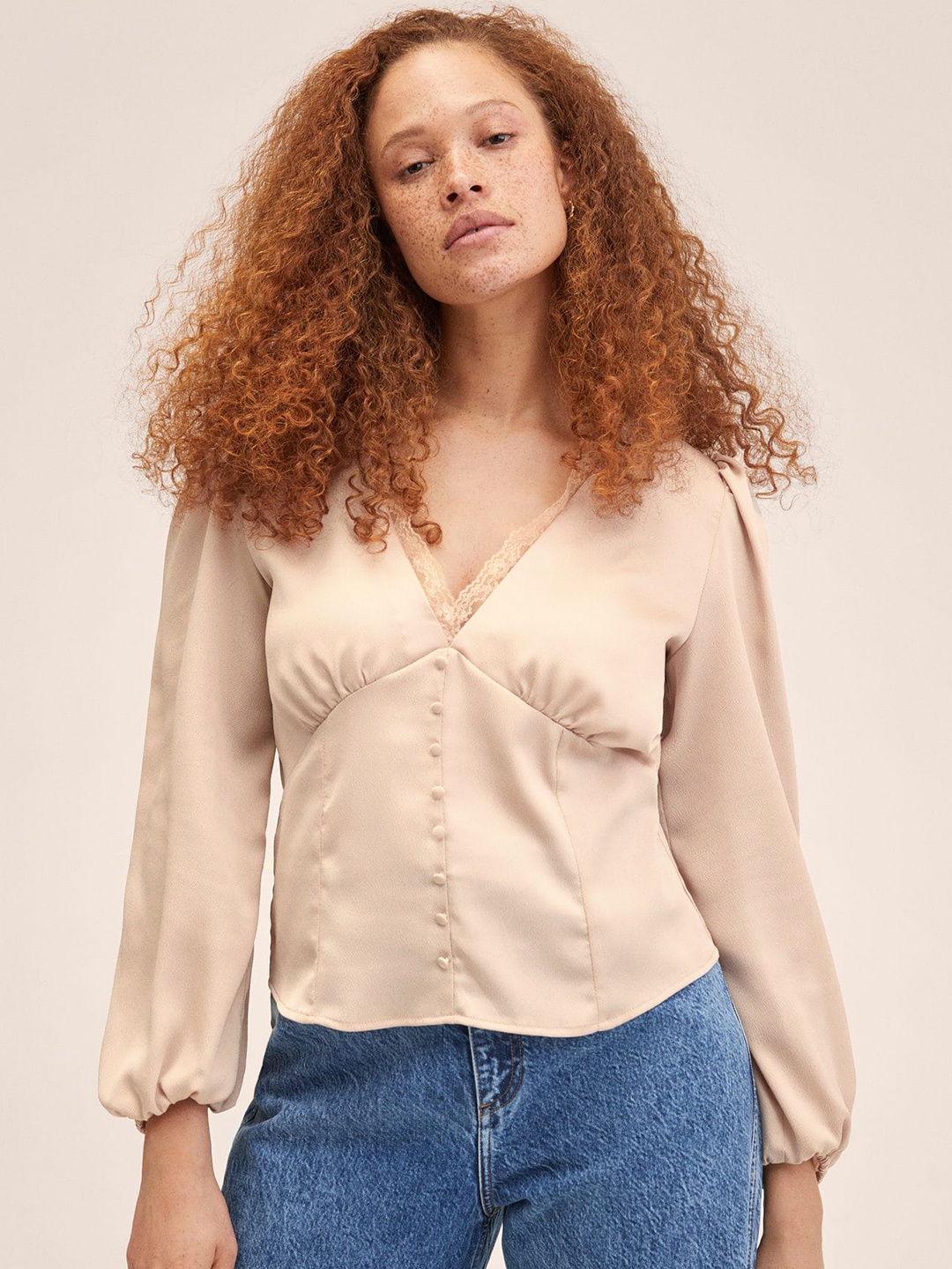 

MANGO Beige Solid Top with Lace Detail