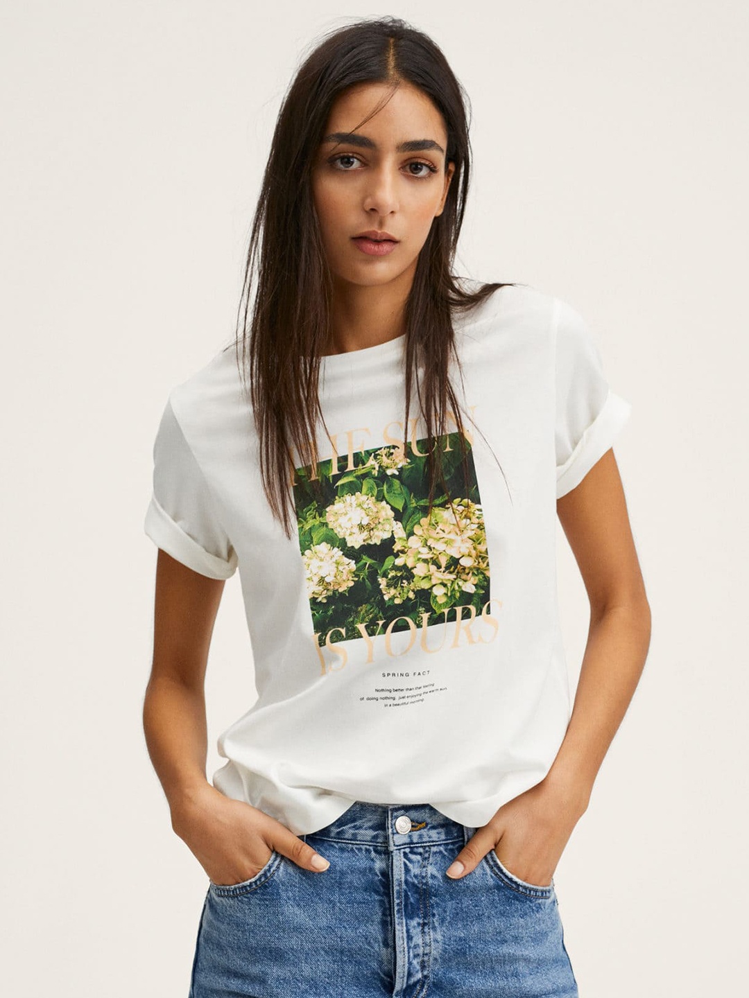 

MANGO Women White Printed Pure Cotton T-shirt
