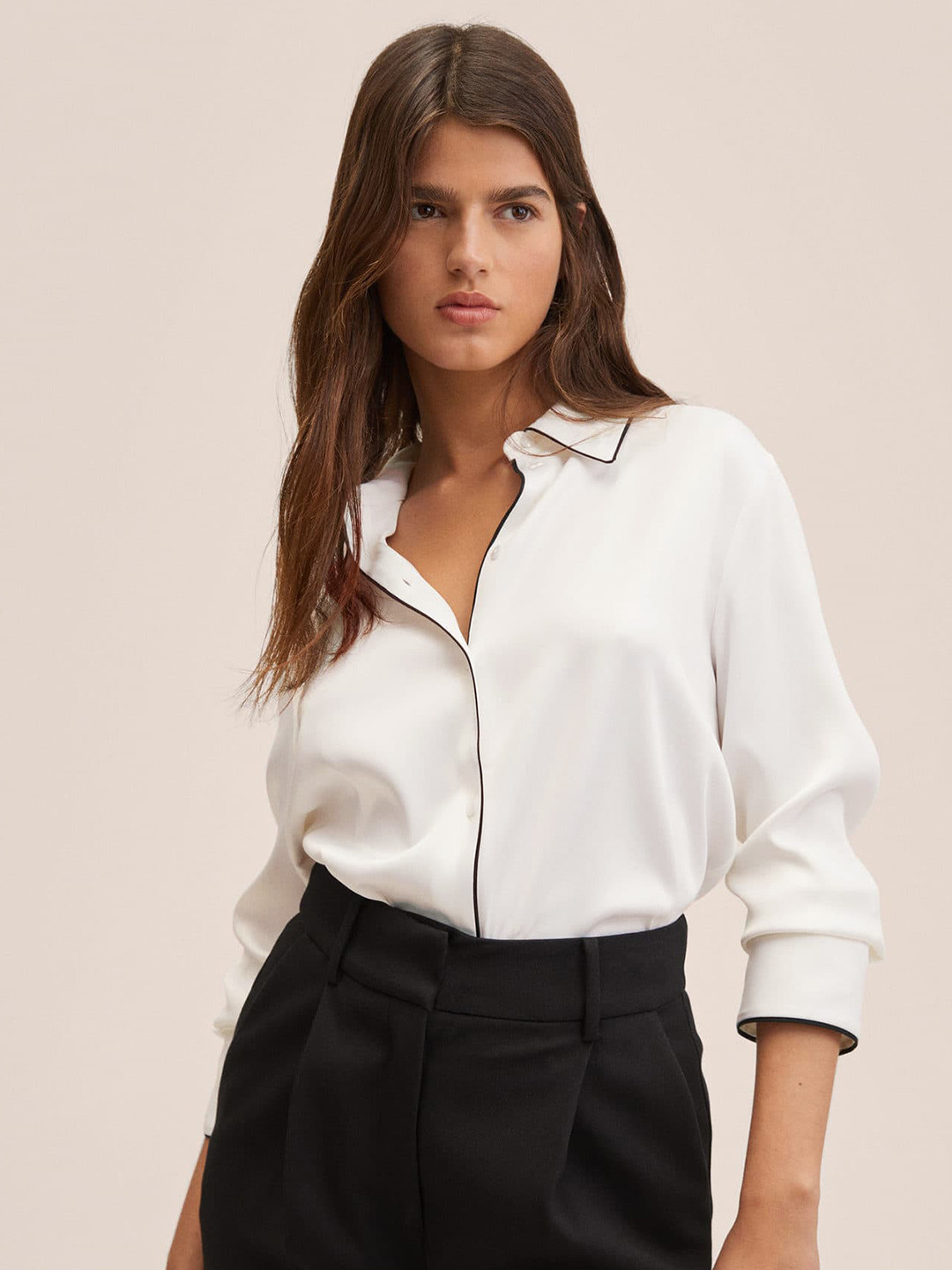 

MANGO Women Off White Solid Satin Casual Shirt