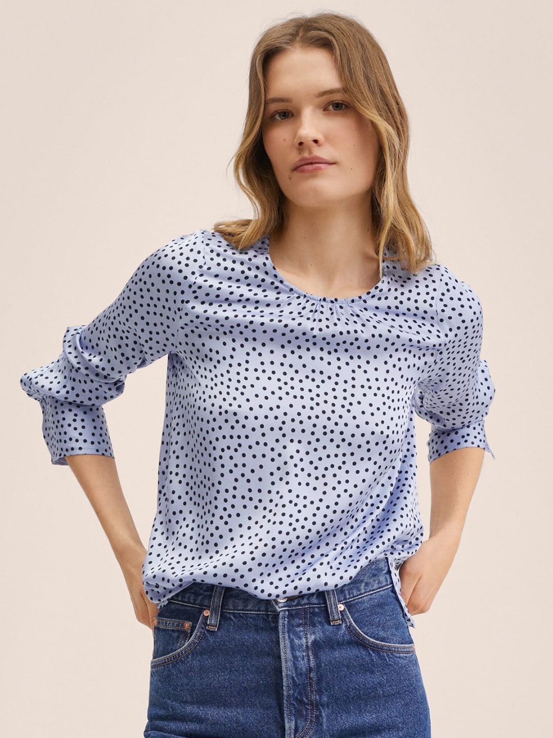 

MANGO Women Blue & Black Polka Dots Printed A-line Top