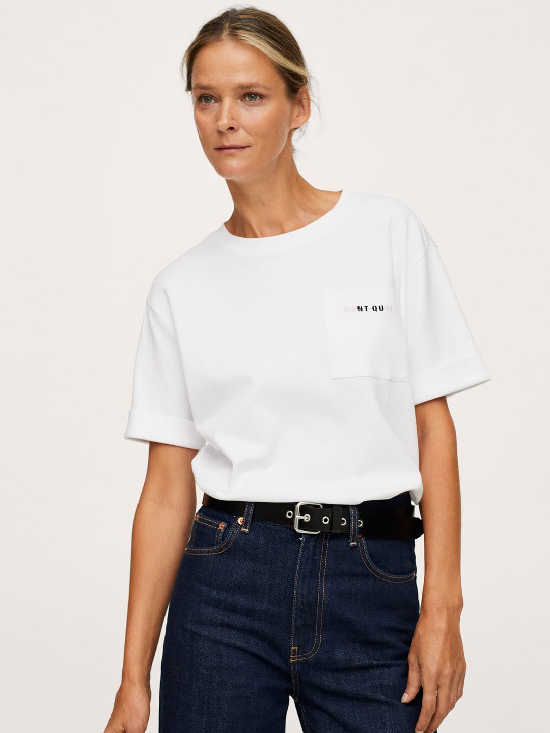 

MANGO Women White Solid Pure Cotton T-shirt