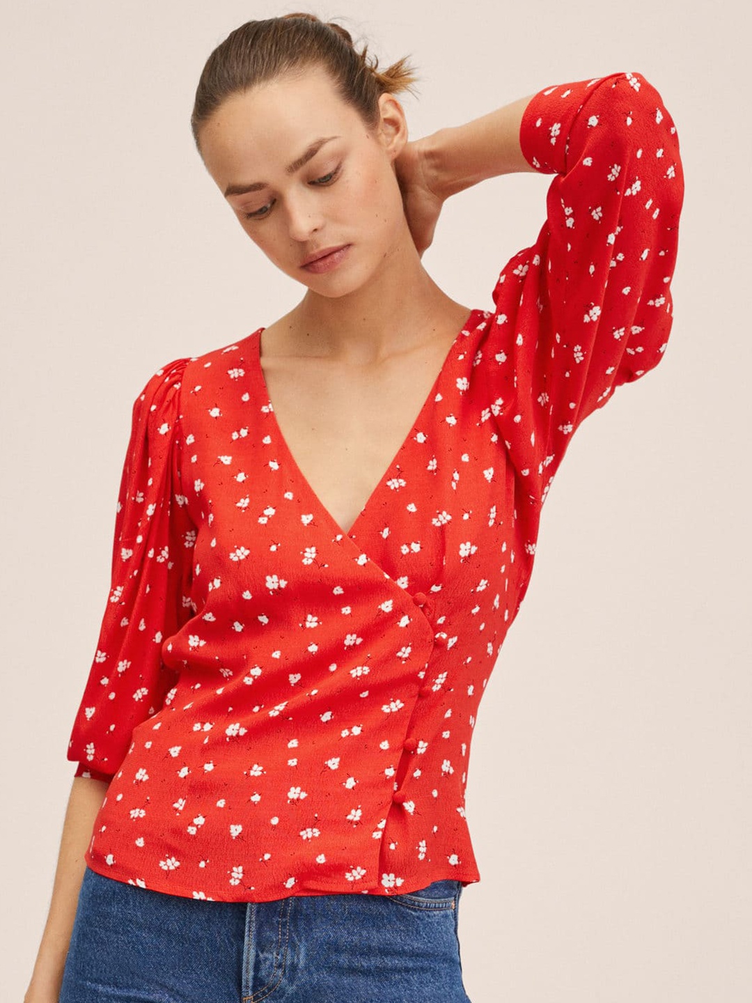 

MANGO Women Red & White Floral Print Wrap Top