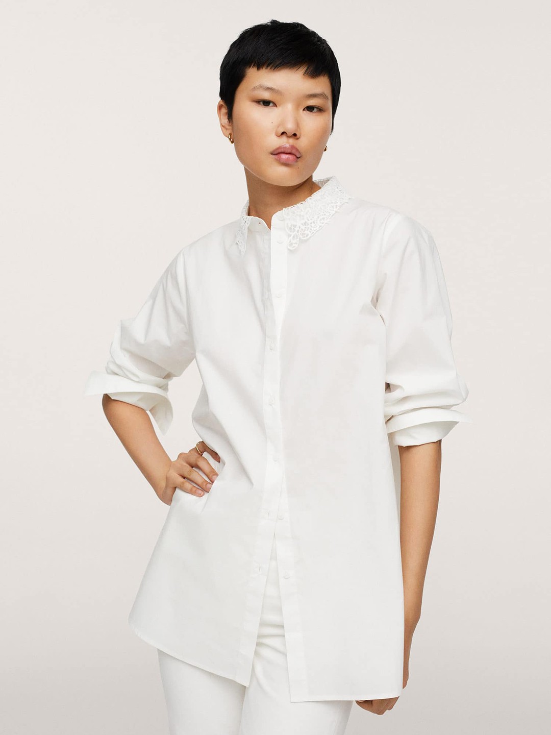 

MANGO Women White Solid Pure Cotton Casual Shirt