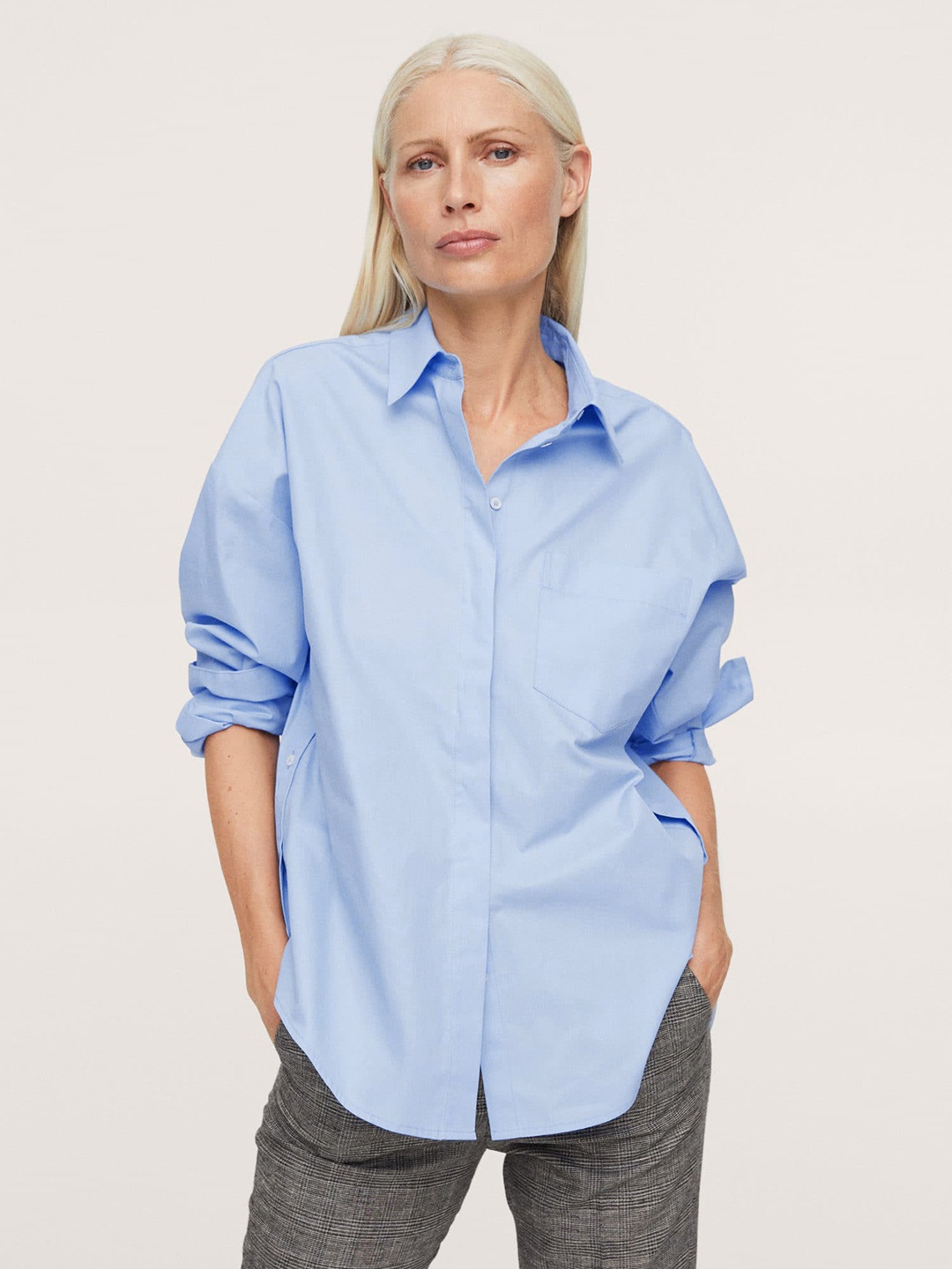 

MANGO Women Blue Solid Pure Cotton Oversized Casual Shirt